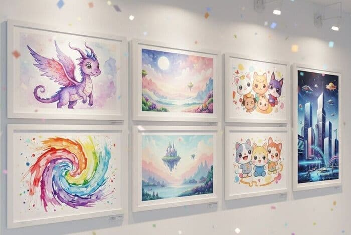 Framed AI-generated artworks including a purple dragon, landscapes, and a colorful spiral